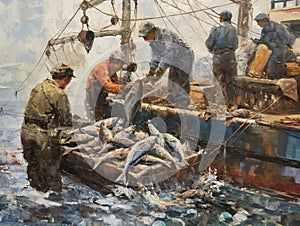 Busy Day at Sea: Fishermen at Work