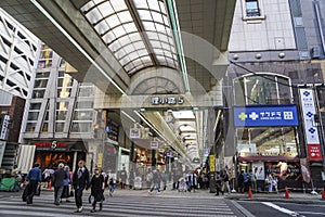 A busy district and covered shopping street in the town centre of Sapporo