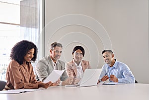 Busy diverse business team workers group using laptop at office work meeting.