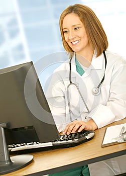 Busy Doctor Woman Typing