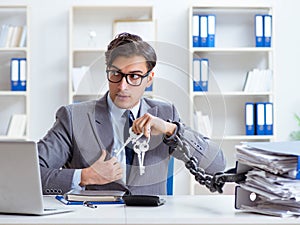 Busy employee chained to his office desk