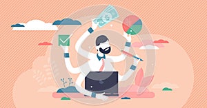 Busy entrepreneur vector illustration. Multitasking flat tiny person concept