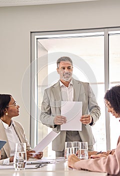 Busy executive company team with old boss discussing work at board meeting.