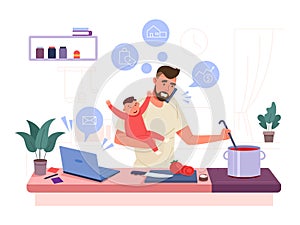 Busy father. Multitasking super dad cooking, lonely daddy with baby, caring husband, vector illustration photo