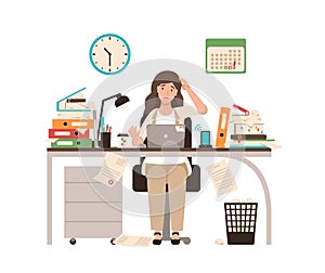 Busy female office worker or clerk sitting at desk completely covered with documents. Woman working at laptop overtime