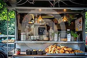 Busy Food Truck Bursting With Delicious Food for Hungry Customers, A food truck decorated in classic British style, selling fish