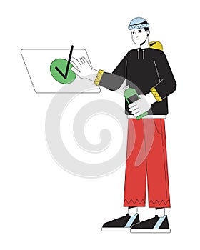 Busy girl looking into smartphone flat line color vector character