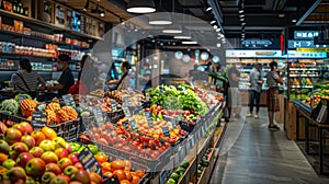 A busy grocery store with people shopping for produce