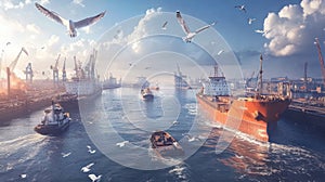 Busy Harbor at Sunrise