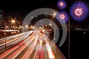 Busy highway with fireworks