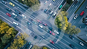 Long exposure aerial view of urban traffic on motorway at rush hour