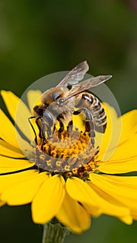 Busy honey bee diligently pollinates yellow flower outdoors photo