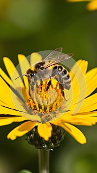 Busy honey bee diligently pollinates yellow flower outdoors photo