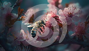 Busy honey bee pollinates cherry blossom collection generated by AI