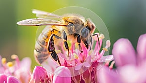 Busy honey bee pollinating a single pink flower in nature generated