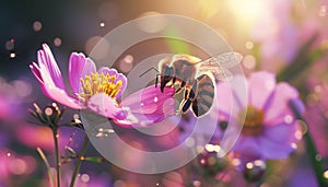 Busy honey bee pollinating a single pink flower in nature generated