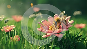 Busy honey bee pollinating a single pink flower in nature generated