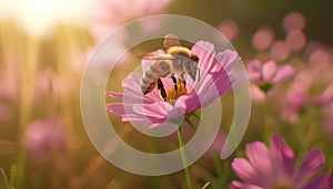 Busy honey bee pollinating a single pink flower in nature generated