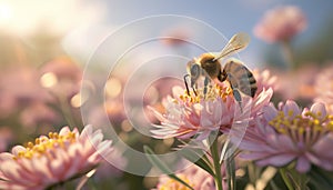 Busy honey bee pollinating a single pink flower in nature generated