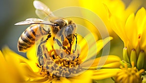 Busy honey bee pollinating a yellow flower in nature generated