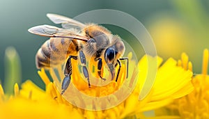 Busy honey bee pollinating a yellow flower in nature generated