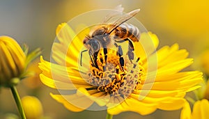 Busy honey bee pollinating a yellow flower in nature generated