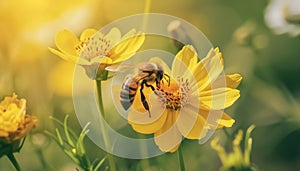 Busy honey bee pollinating a yellow flower in nature generated