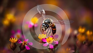 Busy honey bee working on single flower in formal garden generated by AI