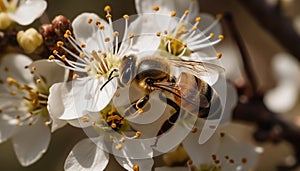 A busy honey bee working on a single flower petal generated by AI