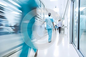 A busy hospital corridor with doctors and nurses walking. Long exposure motion blur