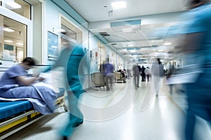 A busy hospital corridor with doctors and nurses walking. Long exposure motion blur