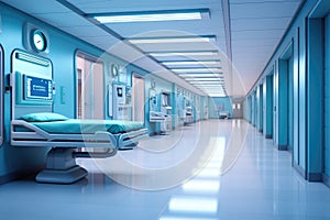 A busy hospital room filled with numerous beds, providing medical care for multiple patients, Hospital surgery corridor, AI