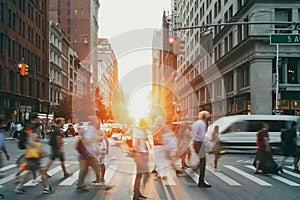 Busy intersection is crowded with people and traffic on 23rd Street in Manhattan New York City NYC