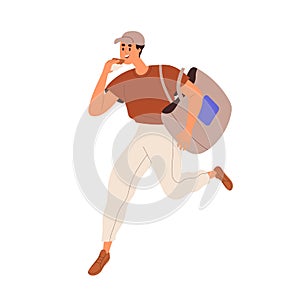 Busy man running, hurrying. Active hectic person eating food, having snack on the go. Happy guy is late for urgent