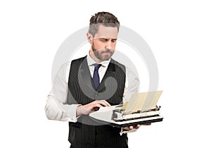 busy man typing on vintage typewriter. businessman with retro typewriter. typist author