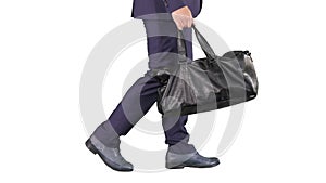 Busy man walking with leather bag on white background.