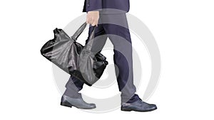 Busy man walking with leather bag on white background.