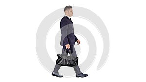 Busy man walking on street with briefcase on white background.