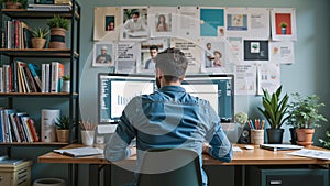 A busy man is working in front of a computer screen. Surrounded by books and documents, it looks chaotic