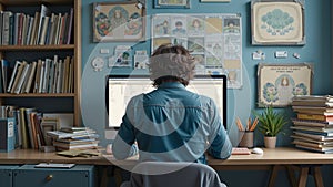 A busy man is working in front of a computer screen. Surrounded by books and documents, it looks chaotic