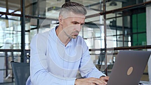 Busy mature business man lawyer ceo using laptop computer working in office.