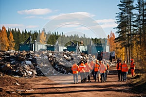 Busy Metal Recycling Yard. Selective Waste Processing with Dedicated Workers Operating Machinery