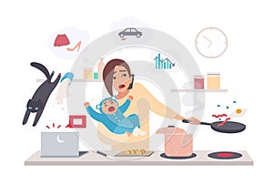 Busy mother with baby, multitask woman. Motherhood, cartoon flat illustration.