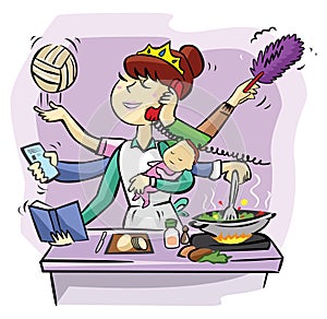 Busy Mother Doing Many Tasks Color Illustration