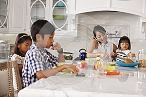 Busy Mother Organizing Children At Breakfast In Kitchen photo