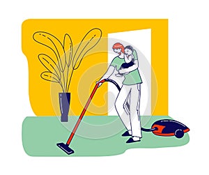 Busy Mother with Vacuum Cleaner and Baby on Hands doing Household Chores. Female Character Houseworking, Cleaning Home