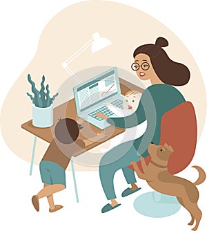 Busy mother working from home with kids and dog