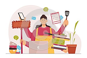 Busy multitask woman with many hands working with laptop and kitchen tools, cooking food