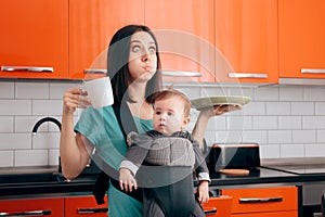 Busy Multitasking Mom with Baby, Coffee Mug and Dishes