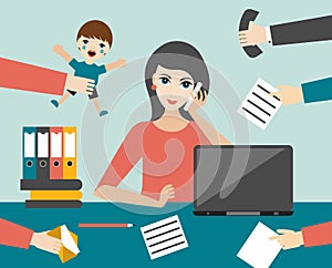 Busy multitasking woman clerk in office. Flat vector. photo